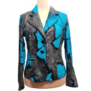 Womens L Blue Blazer Snake Floral Print Bold Chic Glam Statement Jacket Peplum